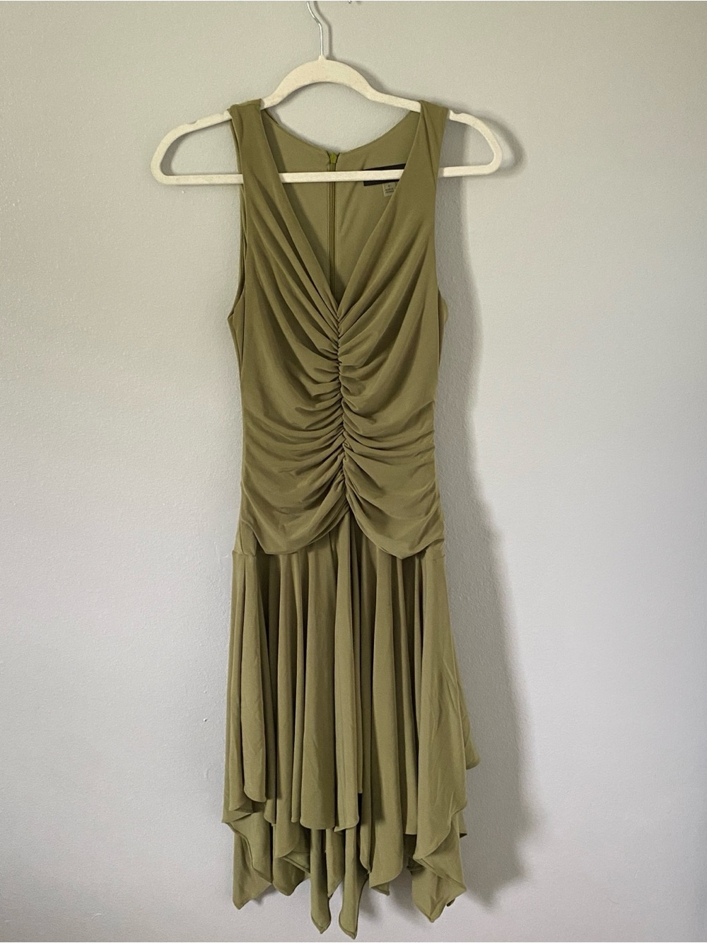 Sleeveless Olive Green Ruched V-Neck Dress - Picture 1 of 4